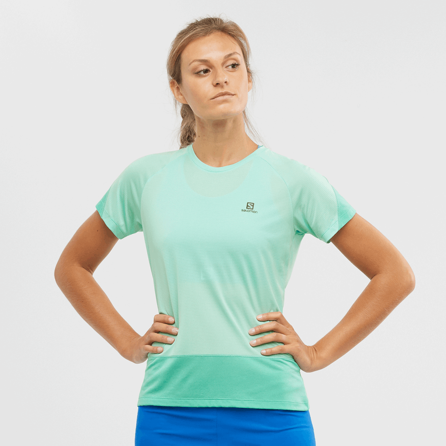Women's Short Sleeve T-Shirt Cross Run Beach Glass-Pool Blue-Heather